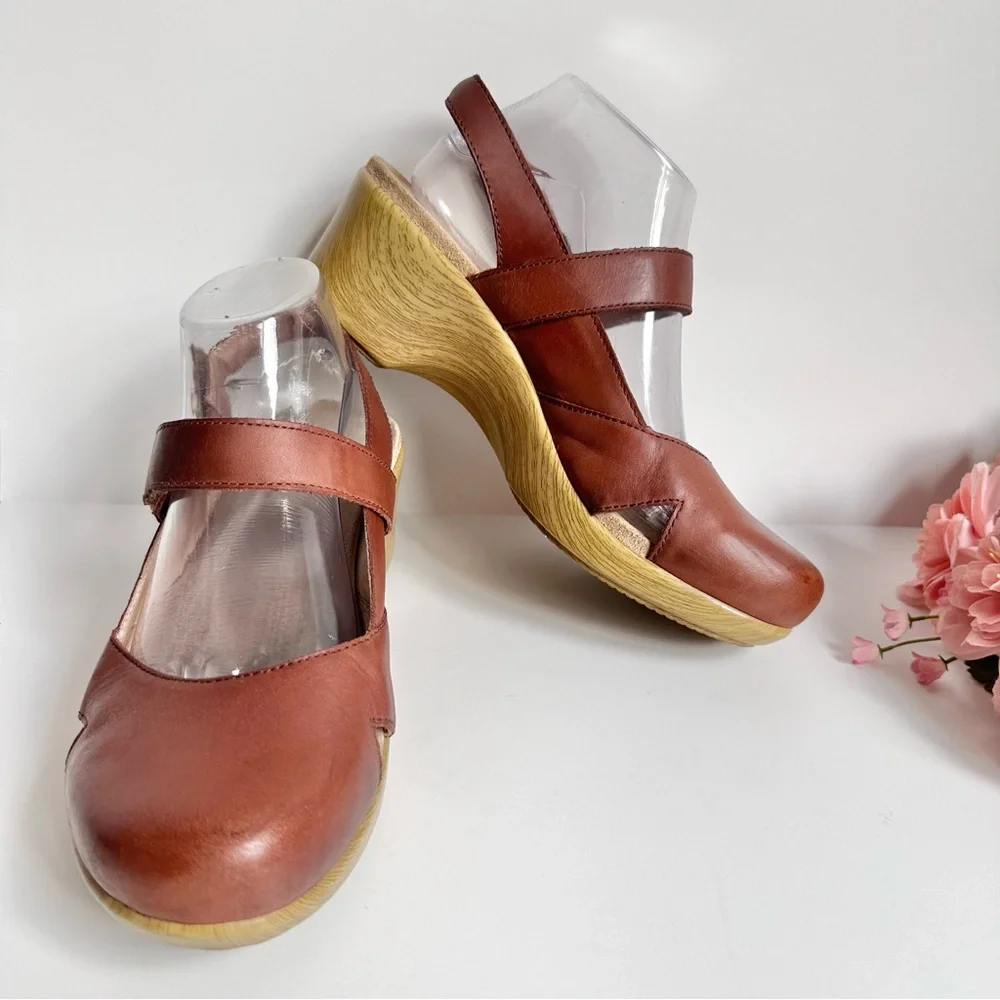 Alegria Tarah Cognac Leather Ankle Strap Wedge Shoes - Picture 2 of 16